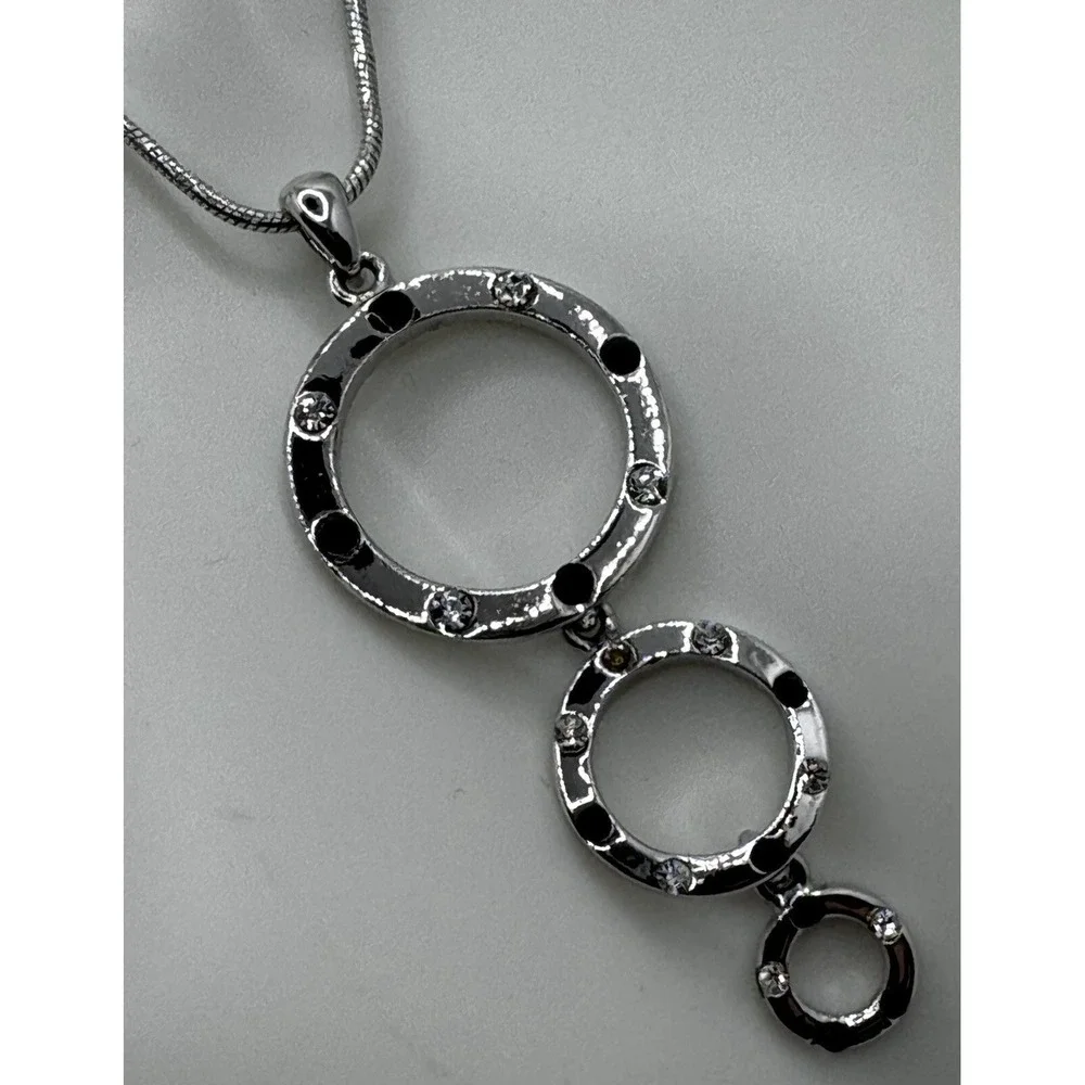 Cookie Lee Jewelry Set Silver Tone Faux Onyx CZ Pendant Necklace Earrings 90s